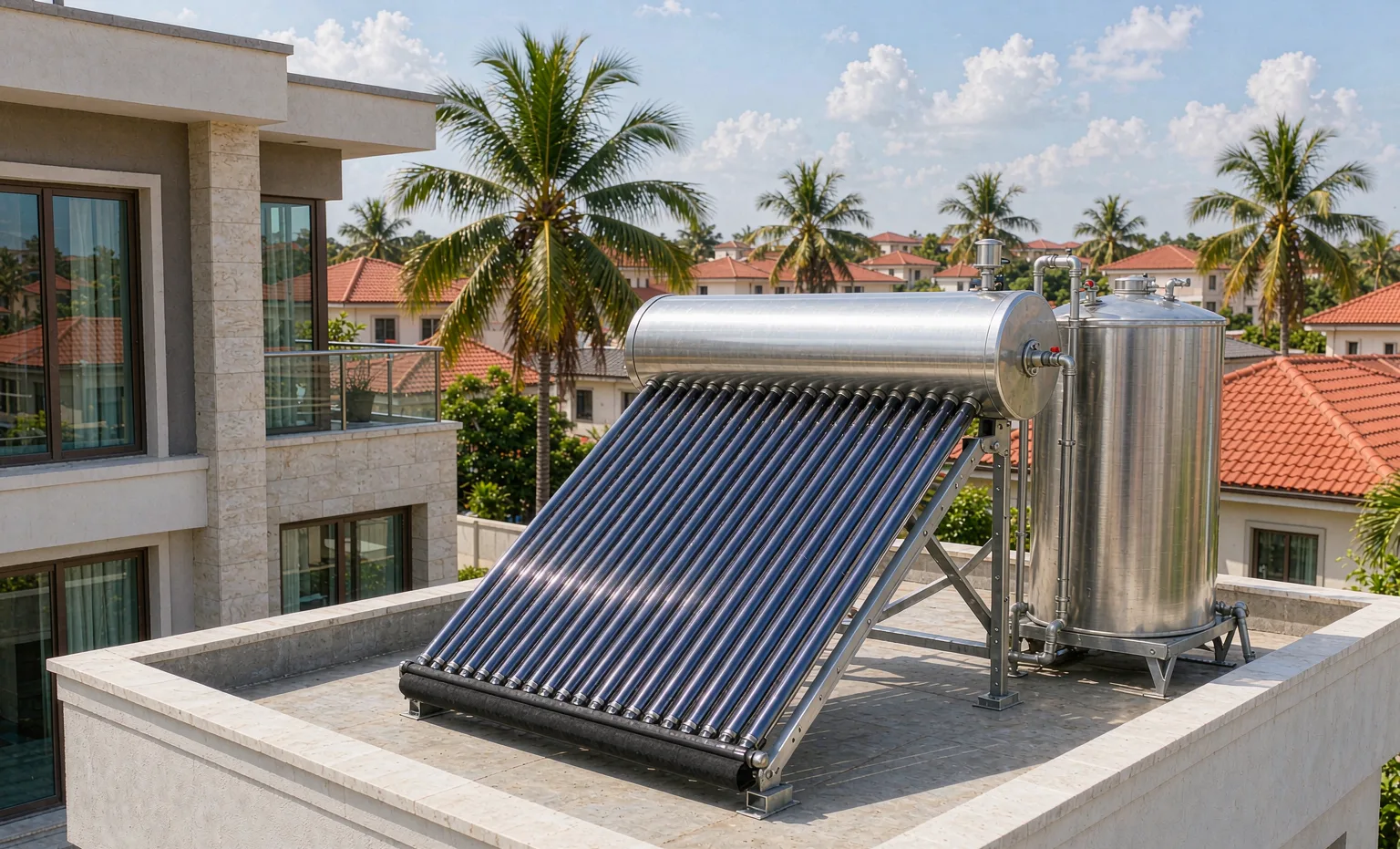 Solar water heater with evacuated tube collectors and tank on the roof of a family house in Accra, Ghana