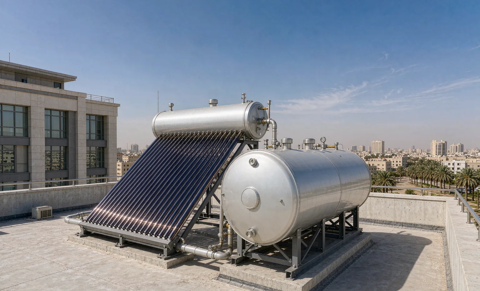 Solar water heater with evacuated tube collectors and large tank installed on the roof of a building in Baghdad, Iraq
