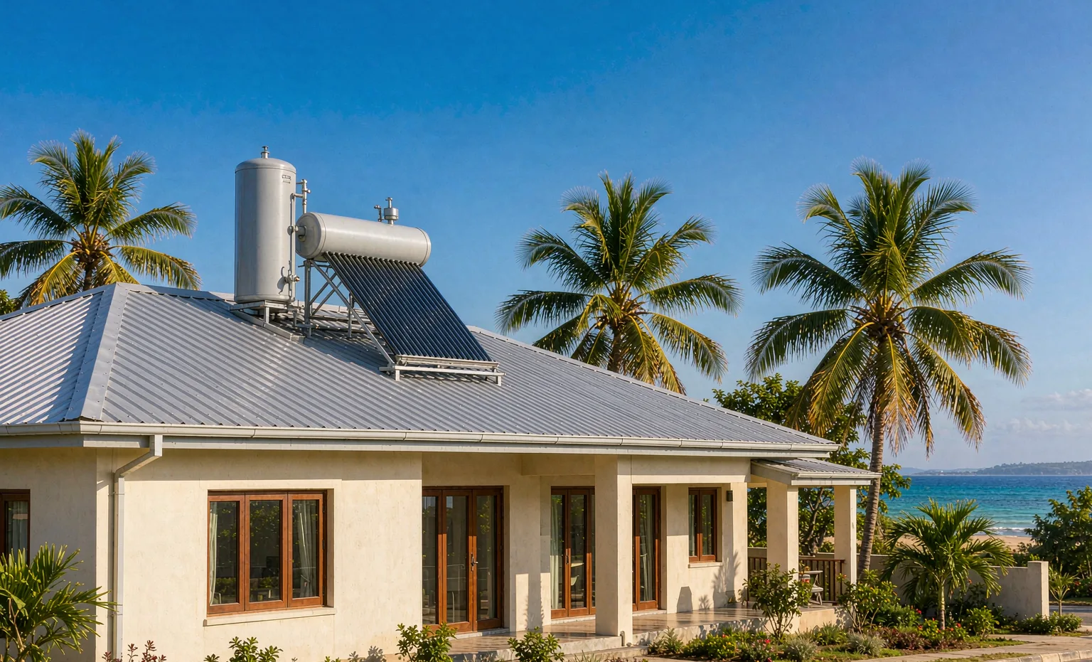 Evacuated tube solar water heater installed on the metal roof of a coastal home in Tanzania