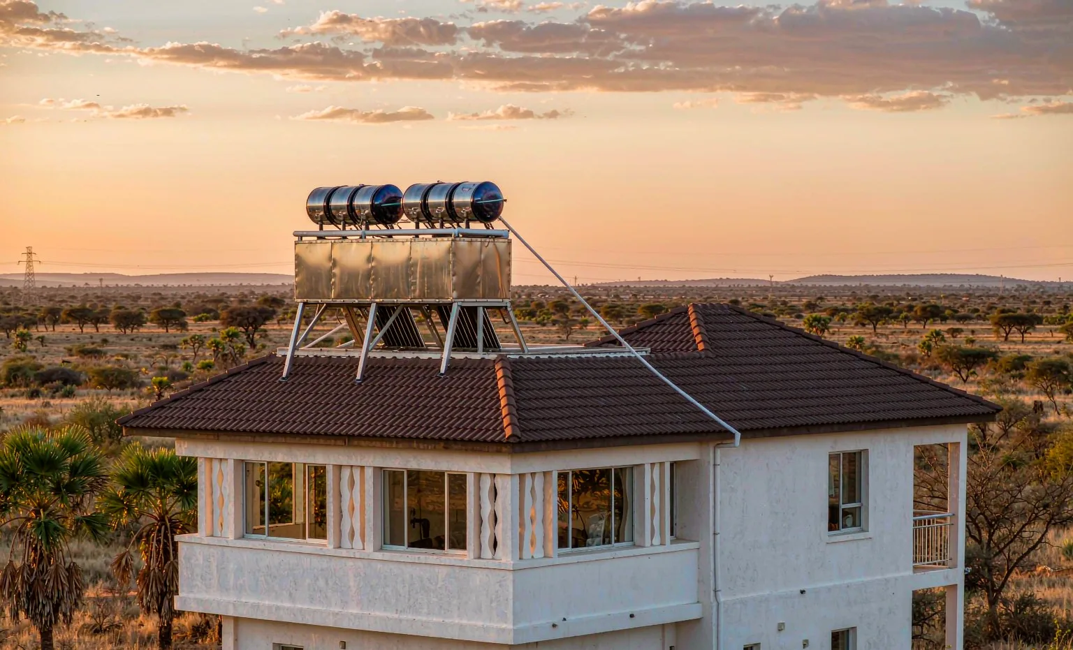 Solar water heater with evacuated tube collectors installed on the roof of a house in Lusaka, Zambia