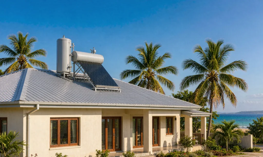 Solar water heater with evacuated tube collector and storage tank installed on a tiled house roof