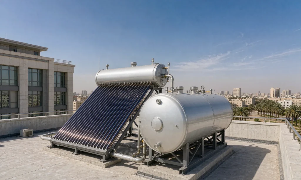 Pressurized solar water heater system with evacuated tube collector and large storage tanks on a flat building rooftop